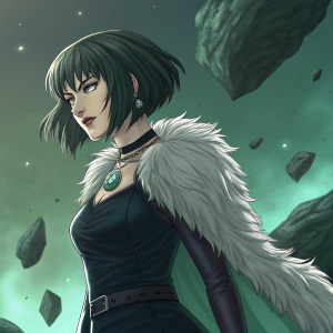 Digital art of Fubuki, character from One Punch Man. Dark short hair, strong pose, dark fitted bodice, fur stole. Greenish dark background with floating rock formations.