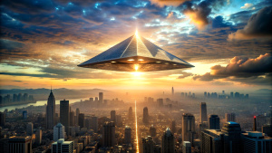 Alien invasion in a big city, modern triangular UFO