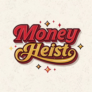 Creative logo design for Money Heist. Bold, cursive font in shades of red and gold. Textured, grained background. Eye-catching and visually appealing.