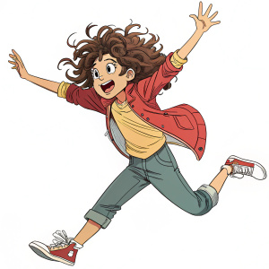 A vibrant manga-style illustration featuring a young, energetic character. Curly hair flowing, dynamic pose with arms spread wide. Traditional anime aesthetics, bold line art, full of motion and emotion.