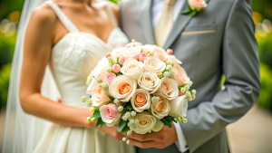 bride and groom wedding couple with a bouquet of light rose and white color flowers