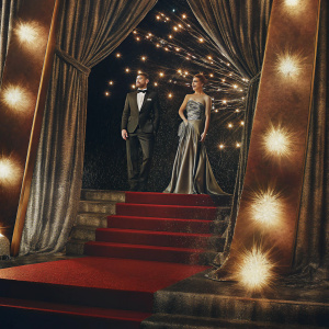 Danneel Ackles and Jensen Ackles at the Golden Globe Awards. Danneel in a sophisticated silver gown, Jensen in a traditional black suit. The stage is adorned with sparkling lights and red carpet.