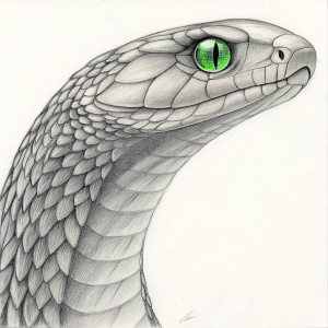 Realistic pencil drawing of a cobra's head. Focusing on the intricate scales and vibrant green eyes.