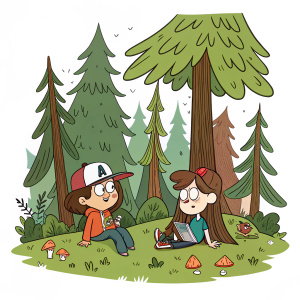A whimsical illustration from Gravity Falls. Dense forest scene, characters in relaxed poses, vibrant green and brown palette, simple hand-drawn font, against a plain white backdrop.