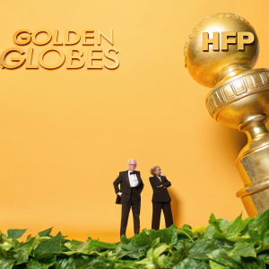 Richard Jenkins and Sharon R. Friedrick at the Golden Globes. He in a black tuxedo, she in a classic black gown. Backdrop features HFP and Golden Globes logos.