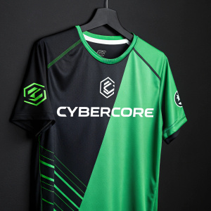 Cybercore's logo and green and black jersey on a minimalist, black background. Modern graphic design, sleek and sporty look