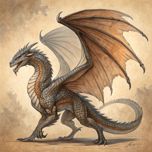 Digital illustration of Glaurung from the Lionglades Dragon Collection. Dragon's muscular body and long sinuous form in motion. Brown and gray scales visible. Wings spread wide. Tail elongated and sinuous. Aged parchment background.