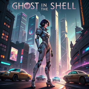 Cyborg woman standing on a futuristic cityscape. Promotional pose. Movie poster for 'Ghost in the Shell'. Anime inspired design.