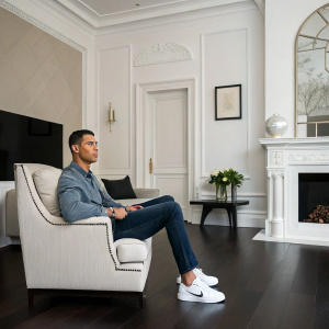 Cristiano Ronaldo in a luxurious living room, sitting on an armchair. Wearing casual outfit. Dark wooden floor, minimalist decor.