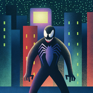 Venom, a Marvel character, standing menacingly. Dark urban landscape with glowing city lights in the background.