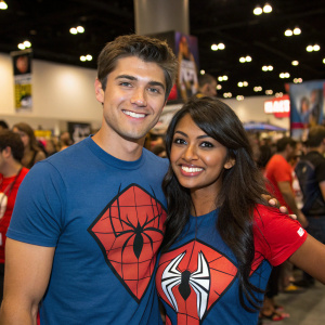 Luke Bilyk and Melinda Shankar smiling at Comic-Con. They are wearing matching Spider-Man t-shirts. Crowded convention center background