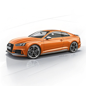 Digital rendering of an orange Audi RS5. Clean white background, sleek curves, dynamic profile, car contours, modern and minimalist design