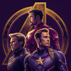 Digital marketing poster for Marvel Studios' Avengers: Endgame. Bold, metallic theme with purple and gold colors. Dark background featuring main characters in superhero outfits.