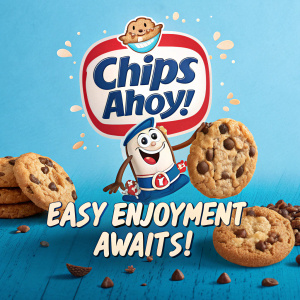 Chips Ahoy! cookie mascot in a fun and engaging digital ad. Bright blue background, playful design, slogan promoting easy enjoyment