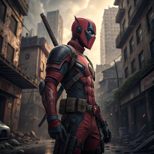 High-definition 3D digital art of Deadpool, set in a dystopian cityscape. His iconic red and black suit is detailed with intricate designs and weaponry. The scene captures the gritty, comic book-inspired aesthetic.