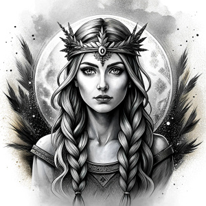 Nordic Godness Snotra - perfect realistic art, high-definition grey and black, white background tattoo design