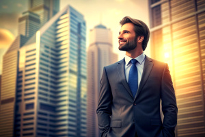 Happy wealthy rich successful business man standing in big city modern skyscrapers street on sunset thinking of successful future vision, dreaming of new investment