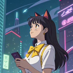 Akira, a vibrant anime character, standing in a futuristic cityscape. Wears a yellow bow and a white shirt. Her long dark hair and cat-like ears are prominently featured. She holds a smartphone, set against a backdrop of neon lights.