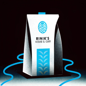 Rinki's Kebab & Curry packaging, eco-friendly brown cardboard, simple design with logo and nutritional info, easy-open flap.