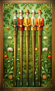 SIX OF WANDES, FIVE PEOPLE, SPANISH DECK STICK, BAROQUE STYLE