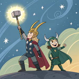 Illustration of Thor and Loki. They are standing on Asgard. The background is a blend of celestial stars and glowing auroras