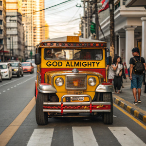 An ornate jeepney with a vibrant yellow body and a striking red stripe, adorned with 'God Almighty' sign, parked on a busy Manila street. Surrounded by bustling urban and pedestrian zones. Captured in a spontaneous moment of everyday life.