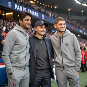 Nasser Al-Khelaifi, Leonardo, and Marco Verratti in casual gray outfits. At a Paris Saint-Germain event. Cheerful crowd in the background.