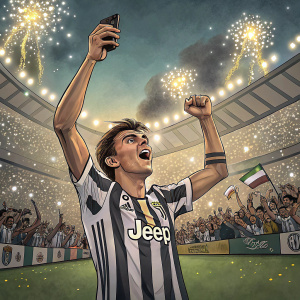 Paulo Dybala celebrating victory on the soccer field. Flashing lights and cheering fans fill the background.