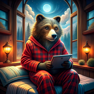 draw a realistic grizzly bear, playing on his ipad,  in bed in his cave, in red plaid flannel pajamas, with the moon shining through the window