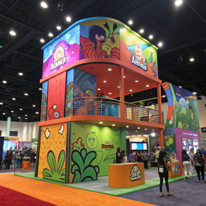 Nickelodeon's booth at the Comic-Con convention. Eye-catching, multi-level design. Colorful graphics, playful shapes, and interactive elements. Crowded with fans, lively atmosphere.