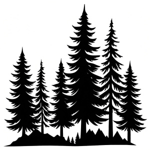 pine trees silhoutte drawing, clean simple lines, black and white