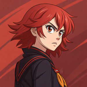 Ryuko Matoi from Kill La Kill. Fiery determination on her face. Red hair, black outfit. Warm crimson background.