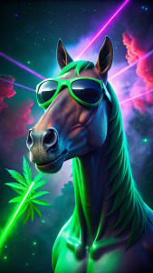 Caballo con gafas de sol fumando mariguana. Con proyecciones de rayos láser color verdes de fondo saliendo desde el centro 
