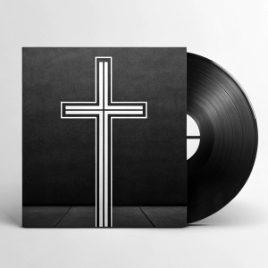Gallows album cover. Black and white design with prominent cross symbol. Sleek and modern style.