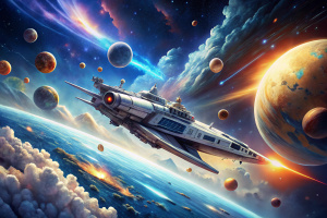 Anime Space Opera: A wallpaper featuring a spaceship flying through space, with planets, stars, and nebulae in the background. The spaceship could be sleek and futuristic, and characters could be looking out at the stars, setting the stage for an epic space adventure, similar to Cowboy Bebop.