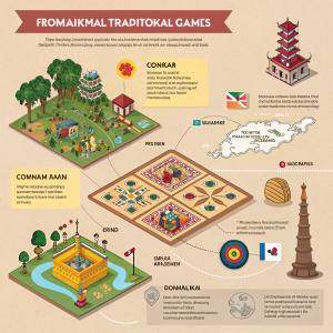 Interactive infographic highlighting traditional games from Malaysia. Vibrant, culturally rich visuals. Earthy color scheme, 3D models, illustrations, and sketches.