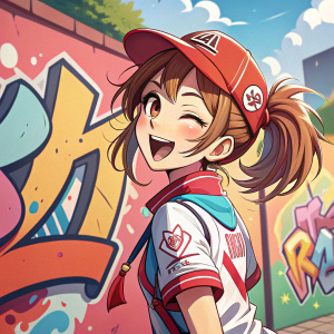Cheerful anime character with a playful wink, donning a sporty outfit and a ponytail. Vibrant graffiti-inspired background
