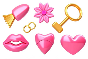 3d plastic collection of concept elements for Valentine's day, heart, calendar, letter, lipstick, cherry, ring, flower, wing, key, lips