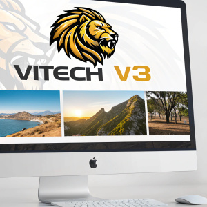 The Vitech V3 website homepage features a striking lion's head logo. Text and images blend seamlessly around the logo.
