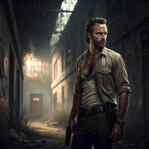Rick Grimes, from 'The Walking Dead', standing confidently in a dimly lit, abandoned alley. His shirt is unbuttoned, revealing scars. Determined look. Background shows remnants of decay and struggle.