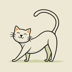 A minimalist line drawing of a cat stretching with a happy face