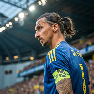 Zlatan Ibrahimovic, Swedish soccer player, in a blue jersey with Adidas logo, ponytail, tattooed arms, intense stare. Crowded stadium background