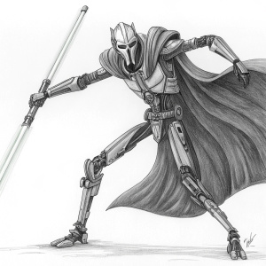 Highly detailed pencil sketch of General Grievous from Star Wars. Standing in a dynamic pose with his iconic mechanical limbs extending outward. Black and white drawing, emphasizing intricate armor lines and shadows.