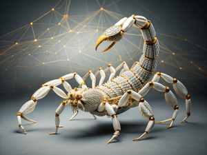 elegant cyber scorpion, (highly detailed mattepainting in a microscopic surface:1.1), style of grid electron microscope, neuronal network, white and gold, isolated image, grey background