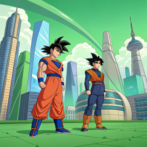 Goku and Gohan in vibrant color, standing on a green screen set. Surrounded by animated background of a futuristic cityscape.