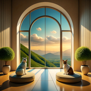 A Cat and a Dog are watching the view from the window in the large room of a 3D house.