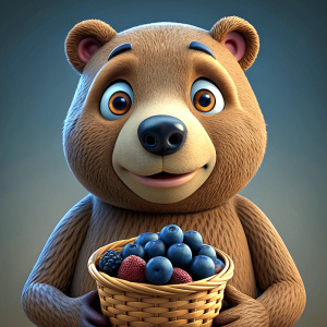 sad bear holding basket with berries