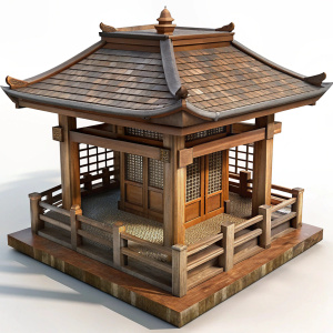 3D Render of a Japanese Wooden Tea House, on isolated white background.