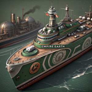 3D digital artwork featuring a futuristic battleship from Empire Earth, rendered in shades of green with accents of brown and metallic silver. The vessel boasts intricate, layered designs and industrial components, with the Empire Earth logo prominently displayed.