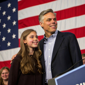 Jon Huntsman Jr. and his daughter Asha posing at a political rally. The backdrop features an American flag.
